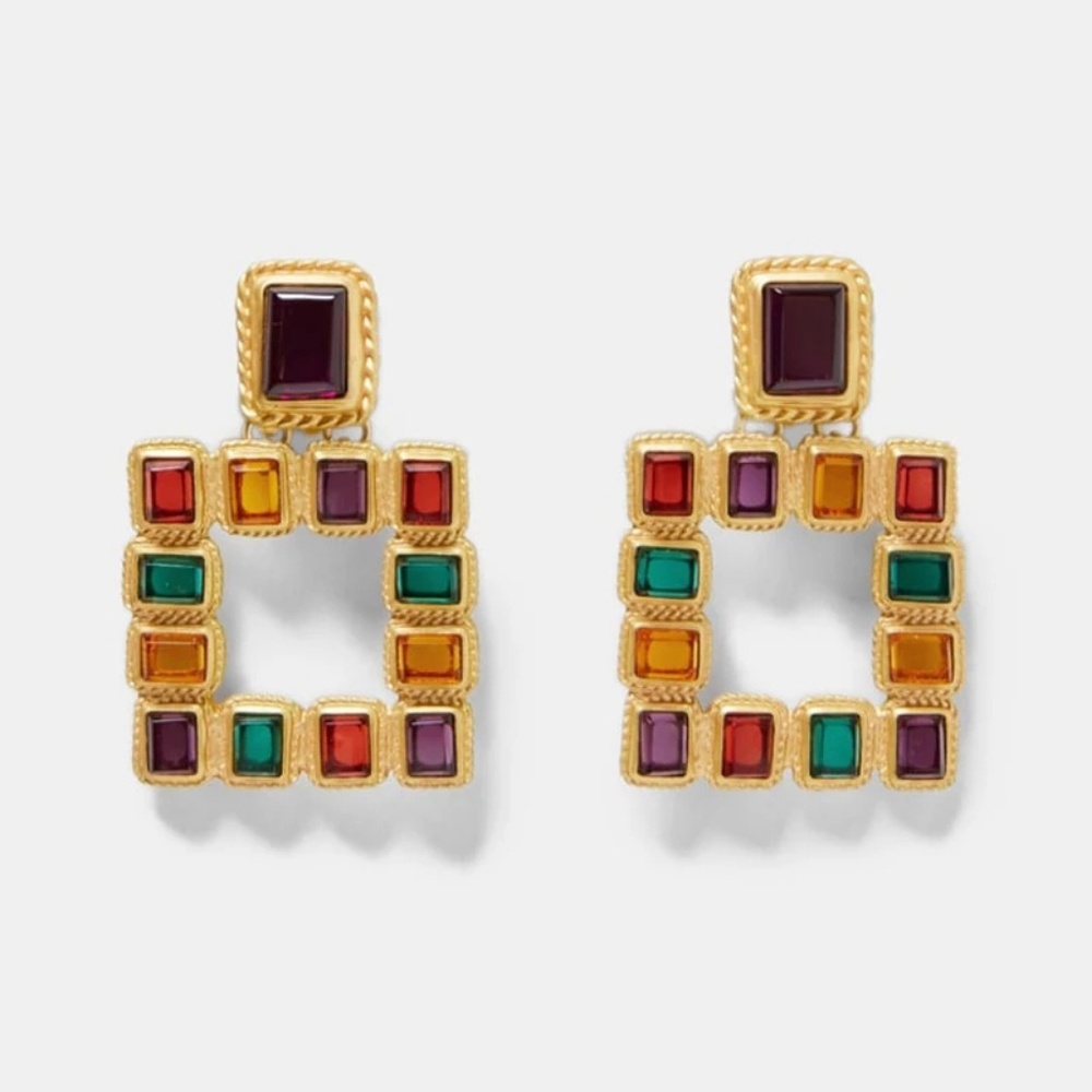 Colorful Square Crystal Earrings - Picture 3 of 4